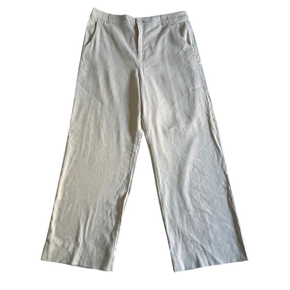 Tommy Bahama Pants Women 12 Tan Linen Blend Wide Leg High Rise Coastal Beachy